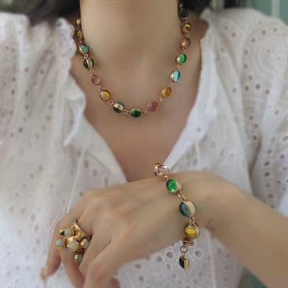 Vintage Rainbow Stones Necklace & Bracelet Set