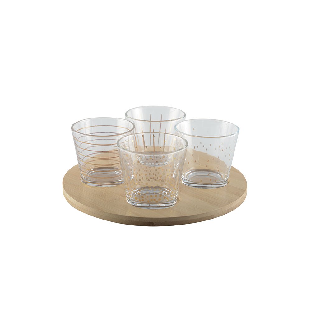 Set of 4 golden cups with wooden tray