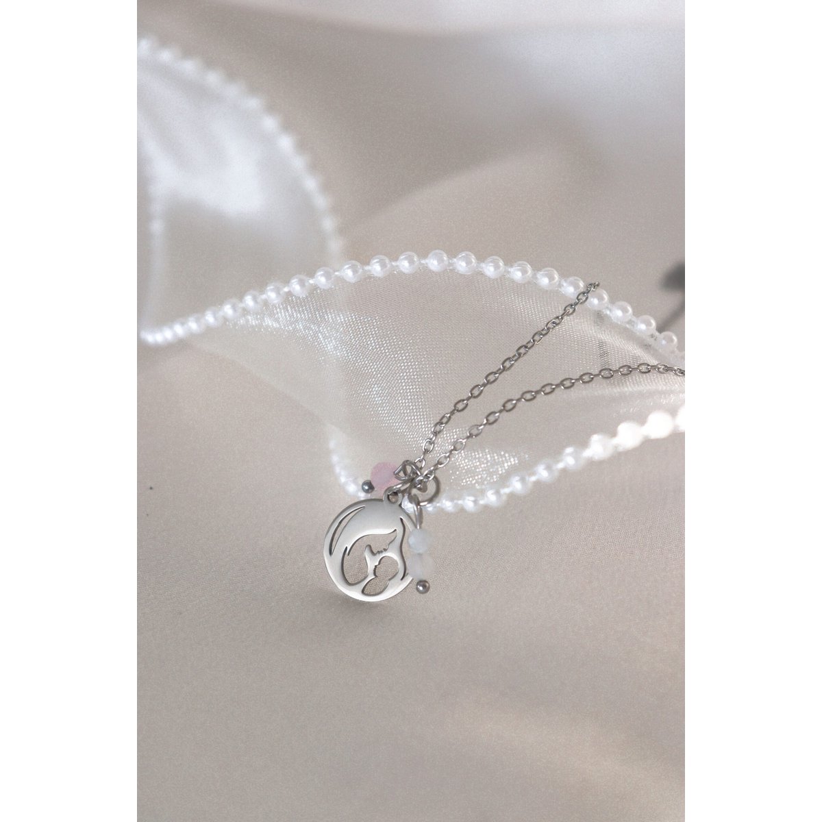 Mother & Baby Moonstone Rose Quartz Necklace - Silver