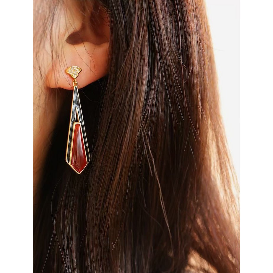 Geometric Drop Earrings with Red Agate