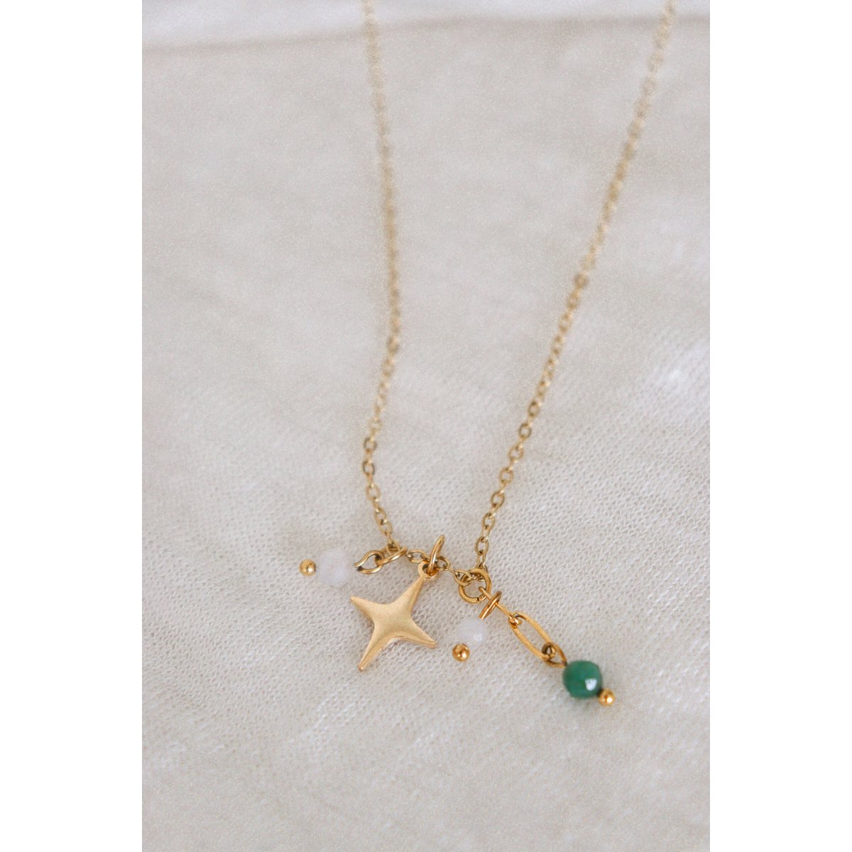 Emerald and Moonstone Star Necklace - Gold