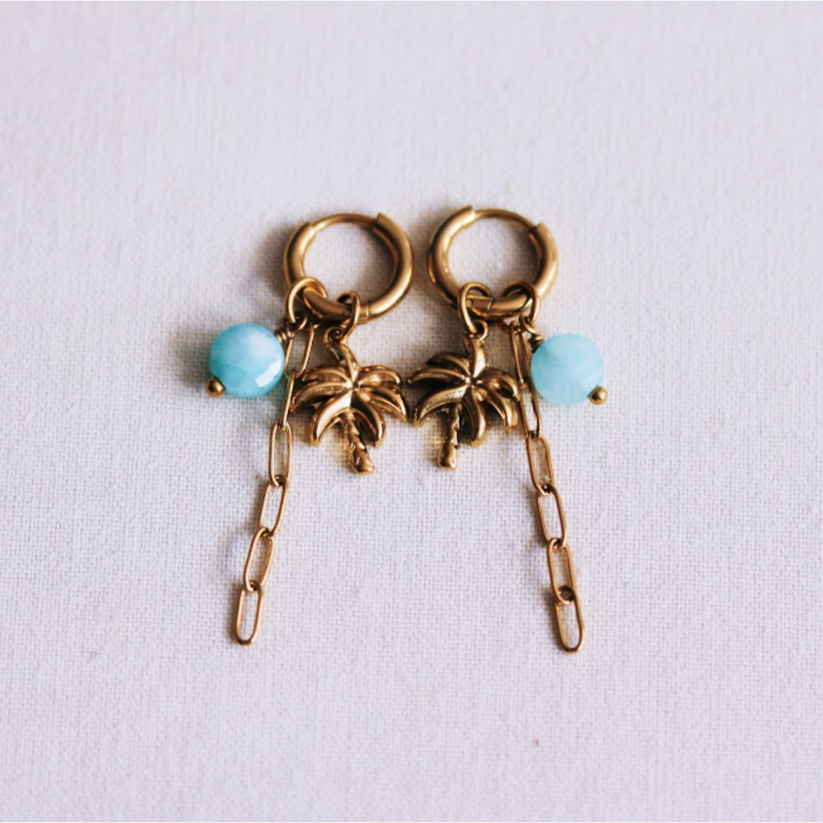 Stainless steel hoop earrings with palm tree, chain and stone - mint