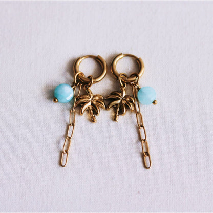 Stainless steel hoop earrings with palm tree, chain and stone - mint
