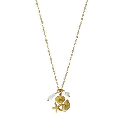 Starfish and Shell Necklace Pearl & Jade - Gold
