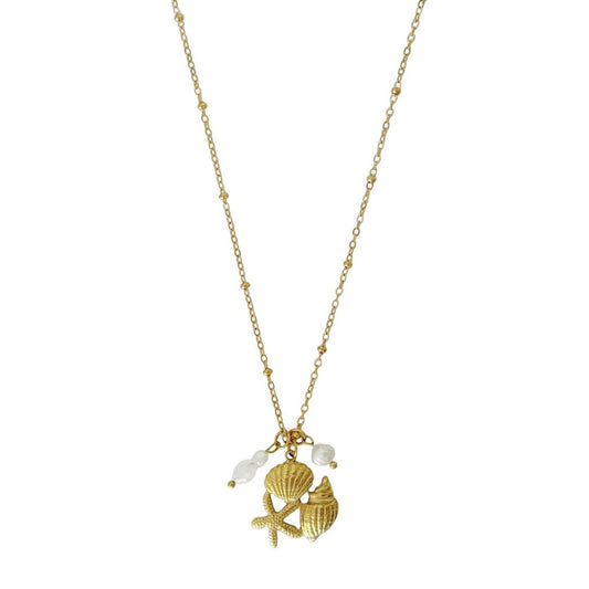 Starfish and Shell Necklace Pearl & Jade - Gold