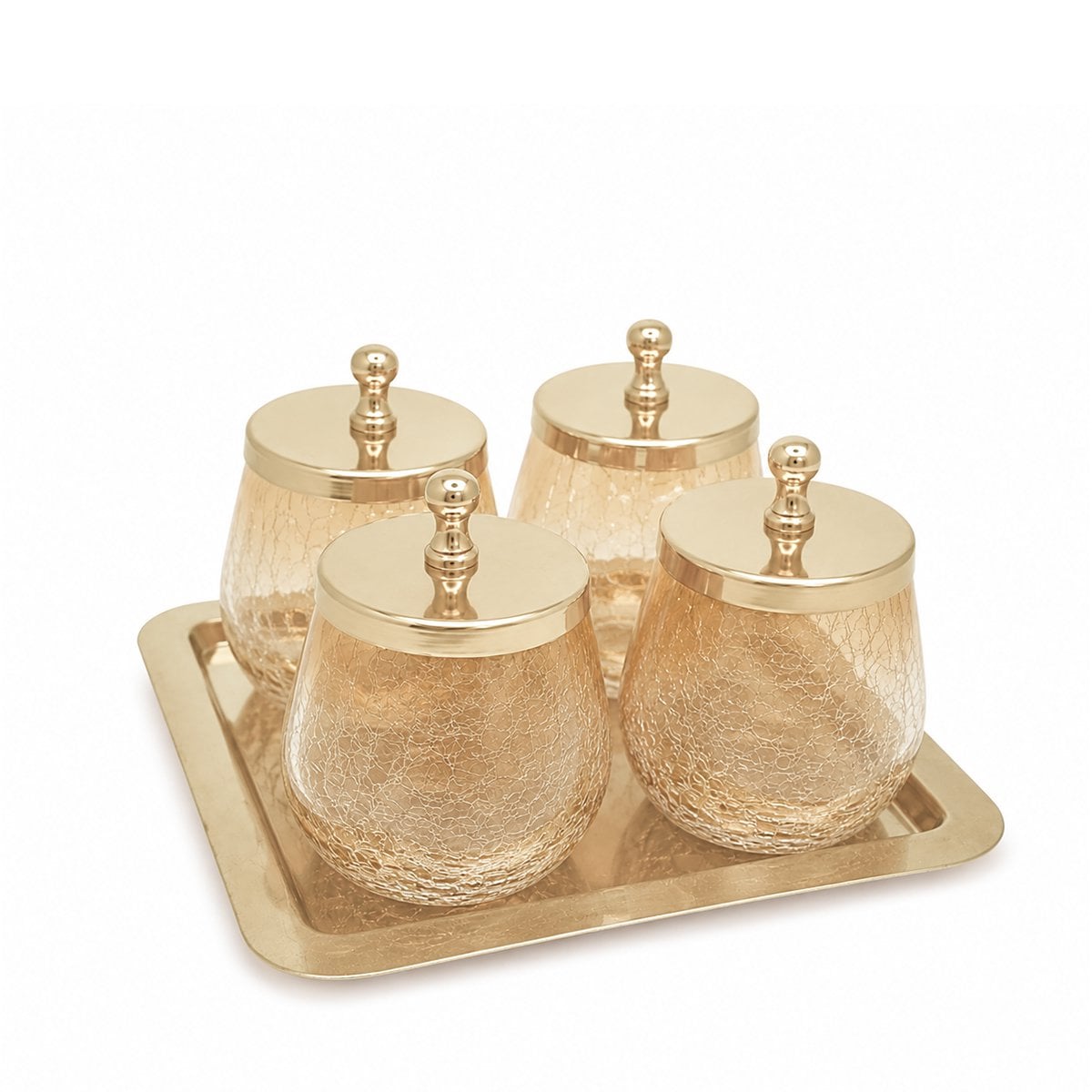 Square tray with 4 glass jars and gold stainless steel lid