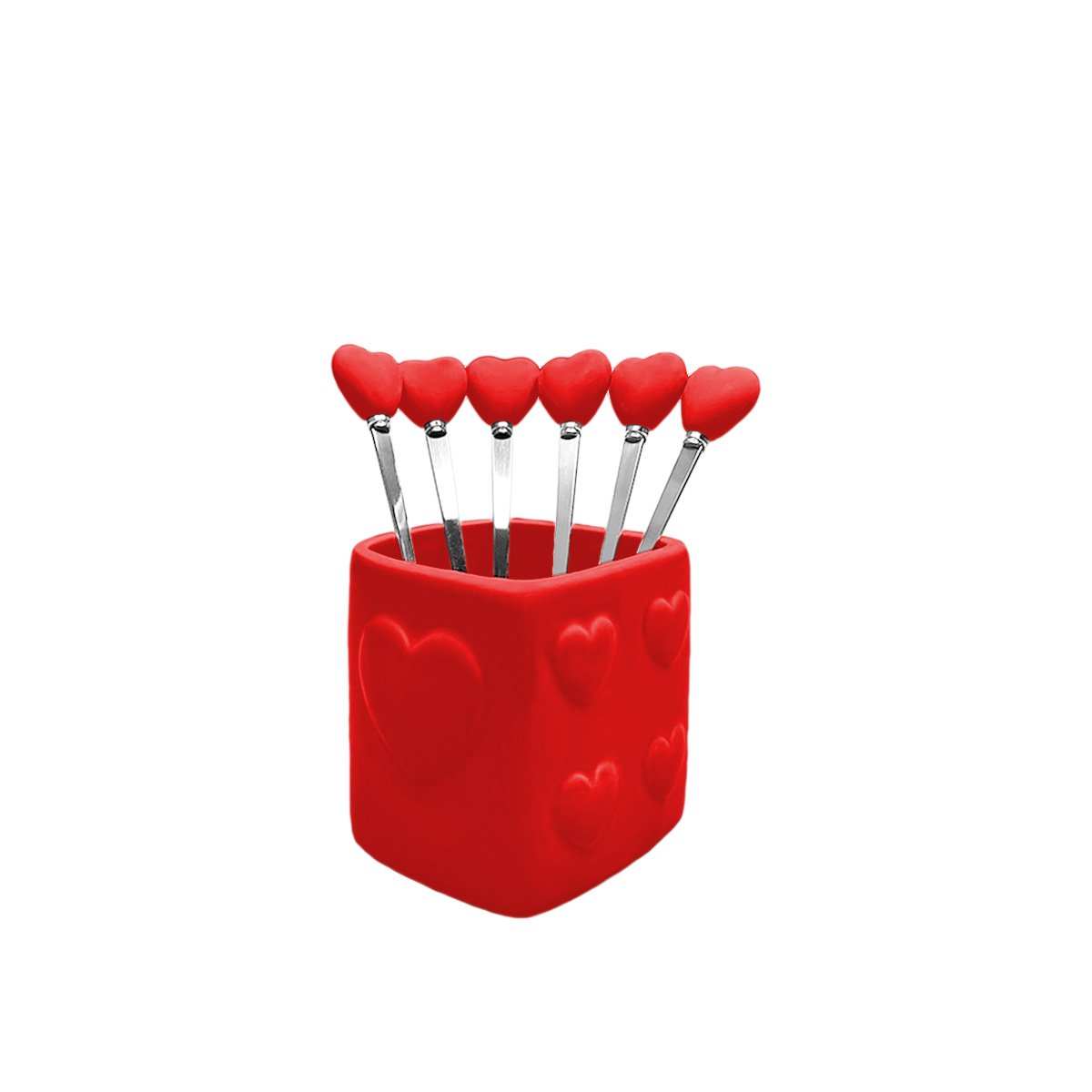 Red heart teaspoons with holder - set of 6