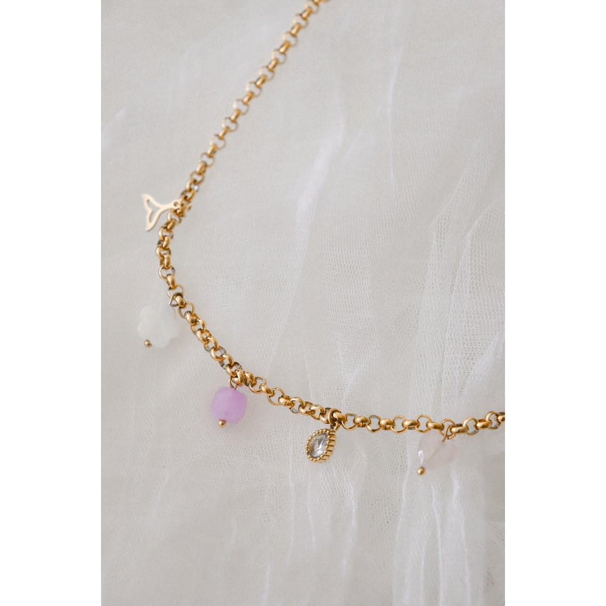 Charm Necklace Mermaid Tail, Shell & Gemstones - Gold