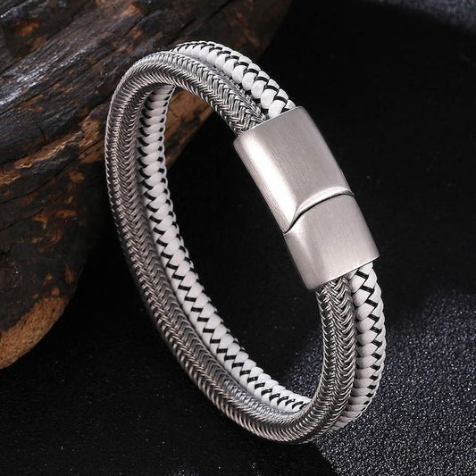 Silver Braided Bracelet-Steel n White Leather