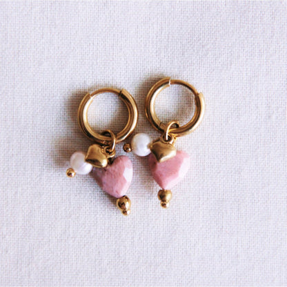 Stainless steel hoop earrings with gemstone heart, mini heart and pearls - dusty pink