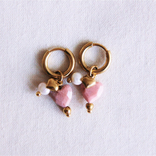 Stainless steel hoop earrings with gemstone heart, mini heart and pearls - dusty pink