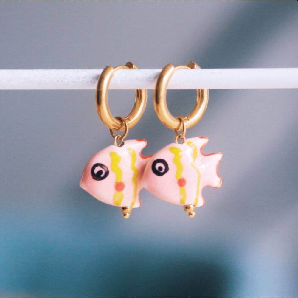 Stainless steel wide hoop earrings with ceramic fish - pink