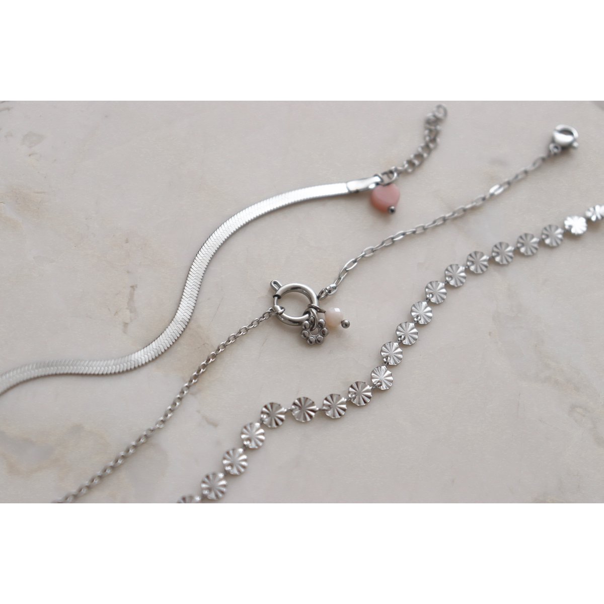 Snake Chain Bracelet & Pink Opal - Silver