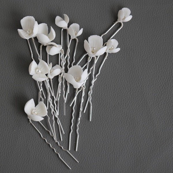 Handcrafted Ceramic Flowers Bridal Hairpins-One set of 8