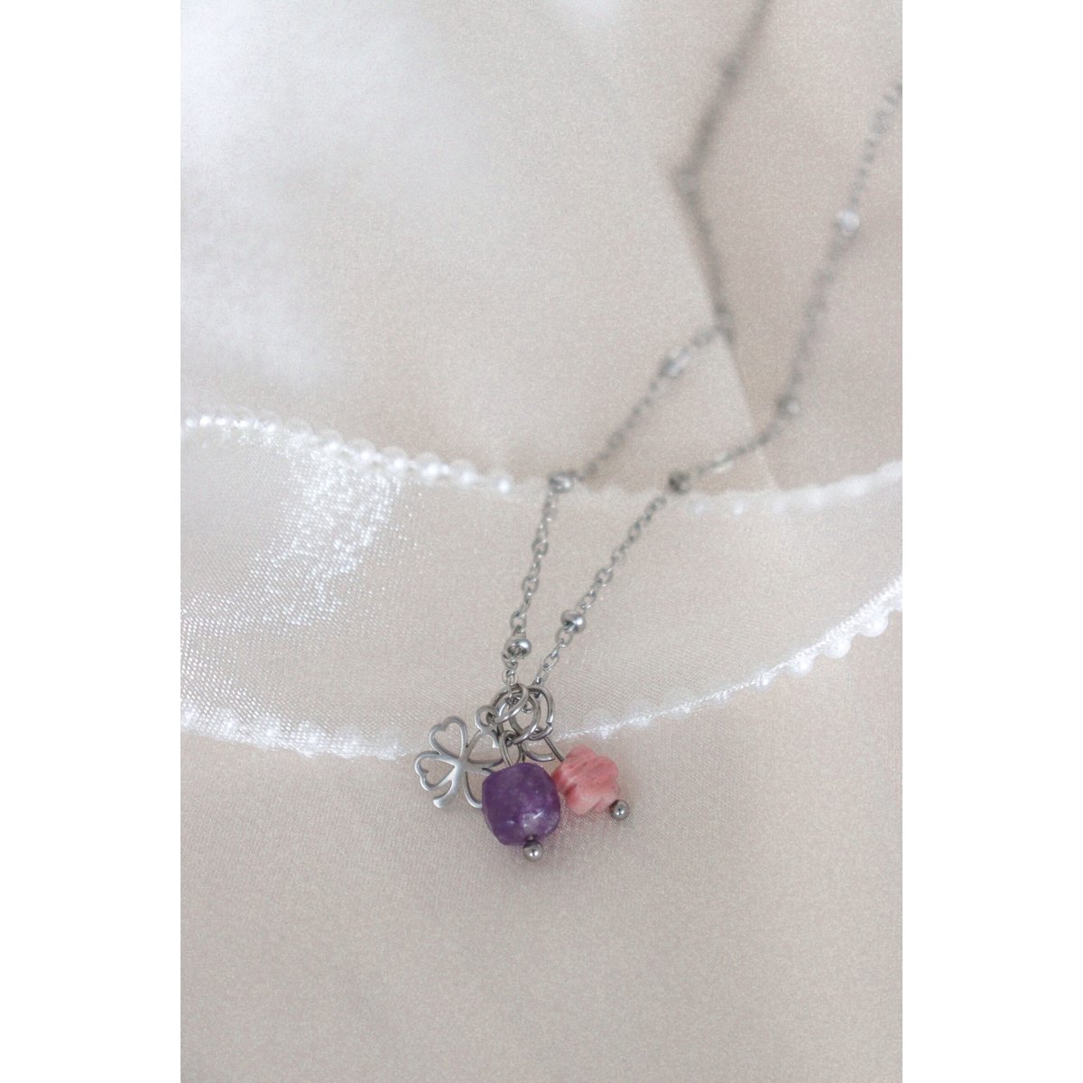 Amethyst, Rhodochrosite & Four Leaf Clover Necklace - Silver