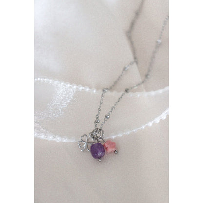 Amethyst, Rhodochrosite & Four Leaf Clover Necklace - Silver