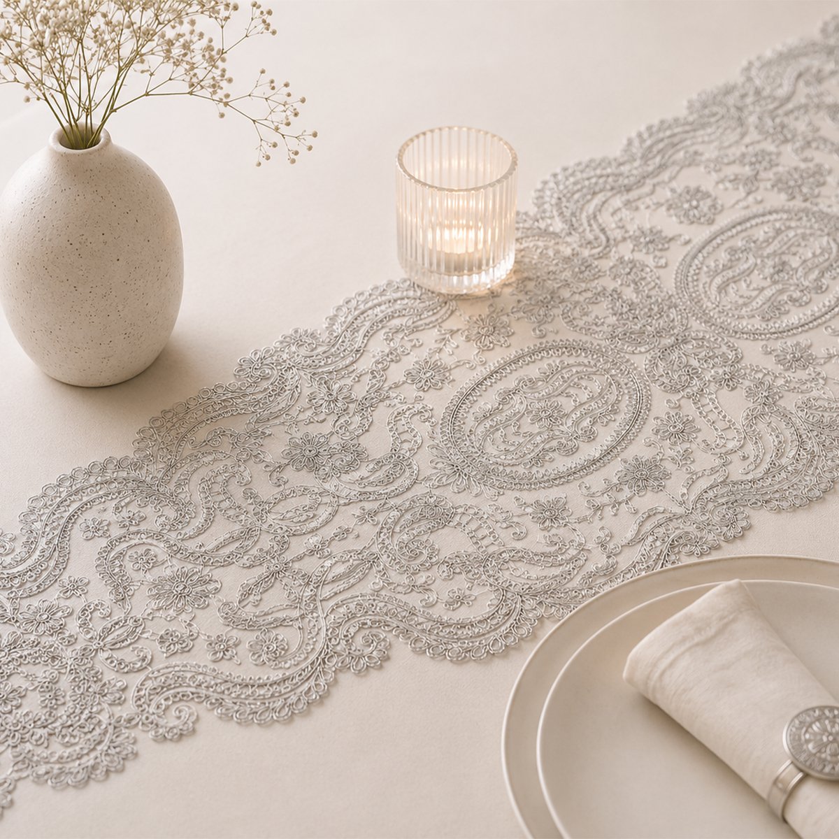 Silver lace table runner