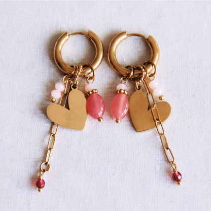 Stainless steel wide hoop earrings with heart, d-chain and facets - coral/nude