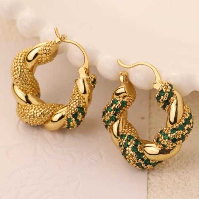 Vintage Styled Braided Earrings - Green Stones