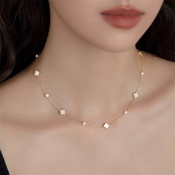 Elegant MOP Lucky Clover Pearls Beads Necklace