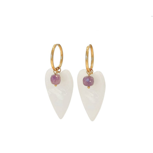 Amethyst Mother of Pearl Heart Earrings - Gold