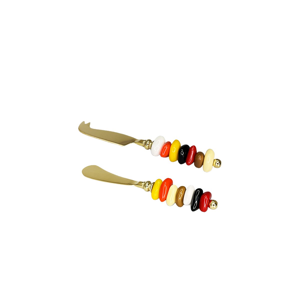 Golden cheese service with multi-colored stone handles