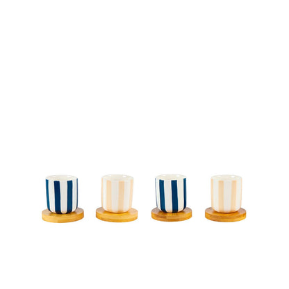 Striped coffee cups with wooden saucers - set of 4