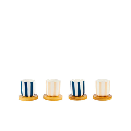 Striped coffee cups with wooden saucers - set of 4