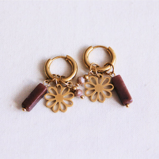 Wide earring with tube, facet and flower - mocha