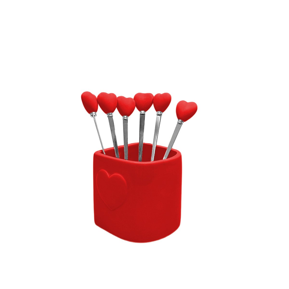 Red heart teaspoons with holder - set of 6