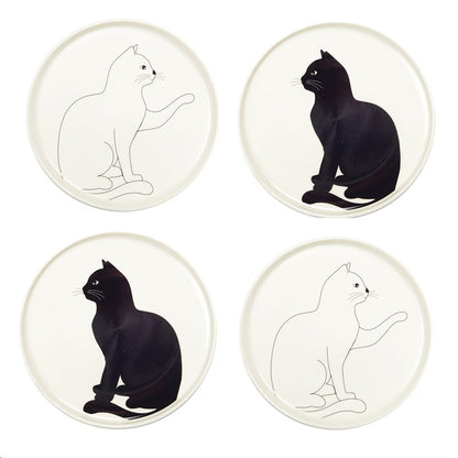 BLACK AND WHITE CAT DESSERT PLATES - SET OF 4