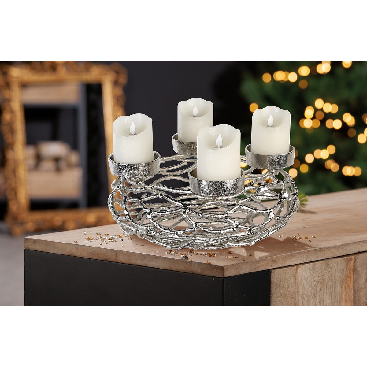 Aluminium vernickelt Adventsleuchter "Twigs" antik-silber X-mas