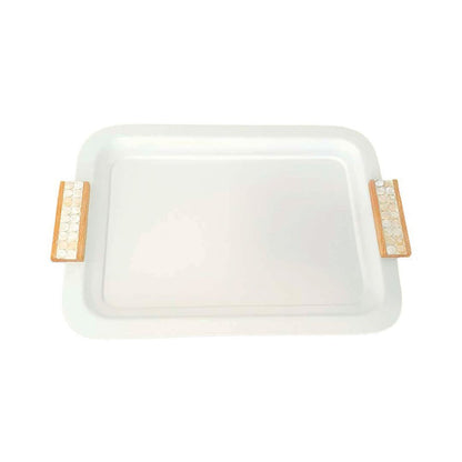 WHITE RECTANGULAR TRAY WITH WOODEN HANDLES 41X31CM