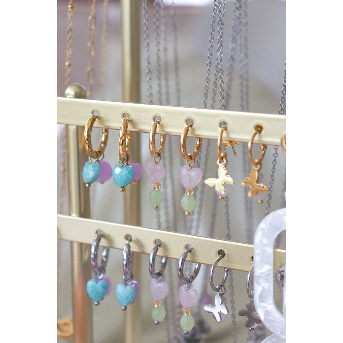 Earrings Rose Quartz Heart & Peridot - Gold