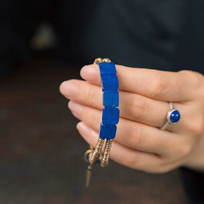 Lapis Lazuli Square Plate Bracelet with Bronze Bangles