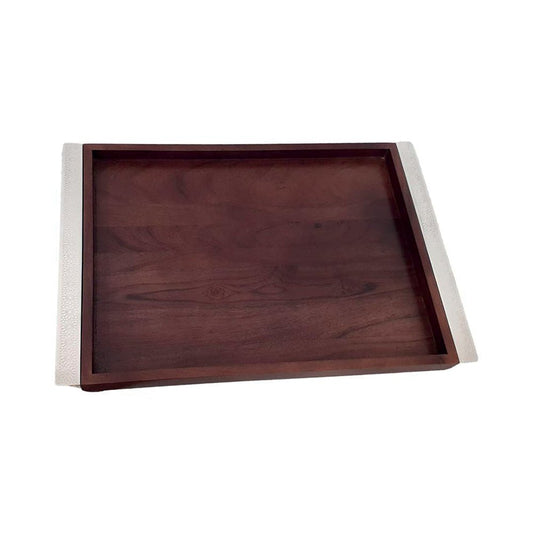 RECTANGULAR WOODEN TRAY WITH SILVER METAL HANDLES 44X33CM