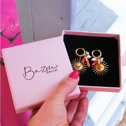 Stainless steel hoop earrings with sun and colored cluster