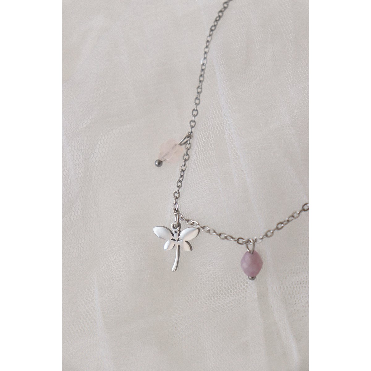 Dragonfly Rose Quartz Flower & Kunzite Necklace - Silver