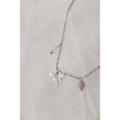 Dragonfly Rose Quartz Flower & Kunzite Necklace - Silver
