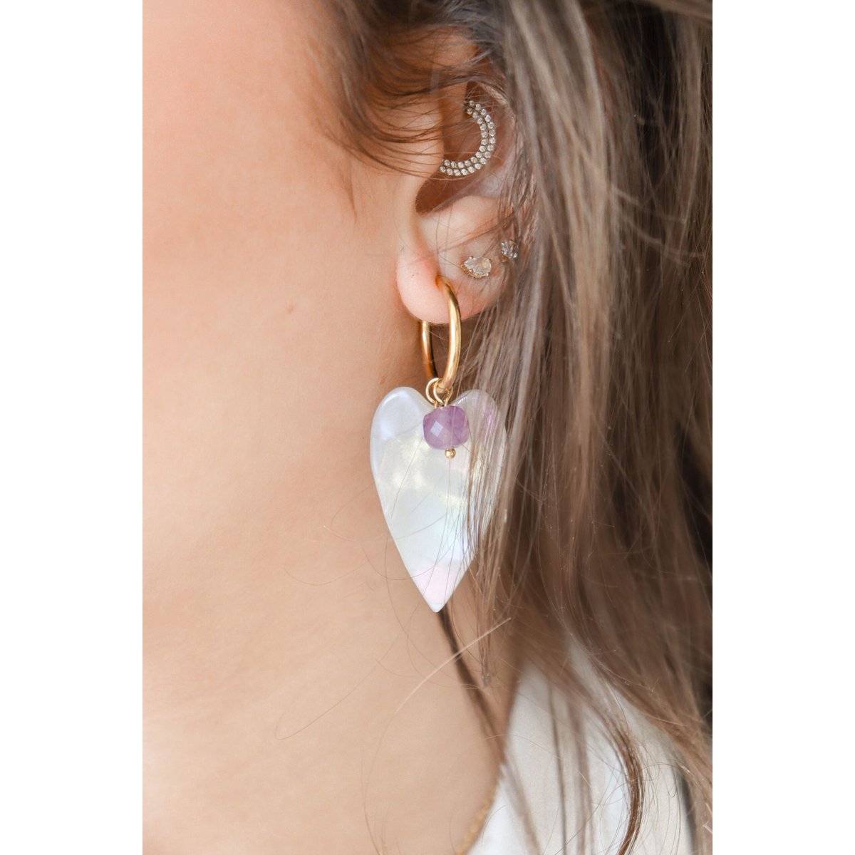 Amethyst Mother of Pearl Heart Earrings - Gold