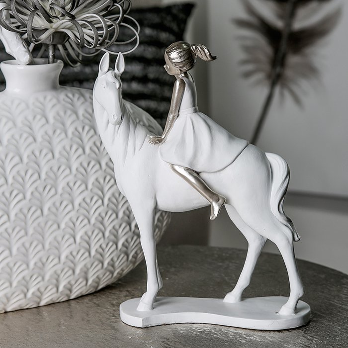 Poly sculpture "Girl on Horse" white/silver