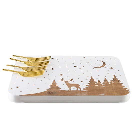 RECTANGULAR DEER WOODEN CHEESE PLATE AND 4 GOLDEN FORKS