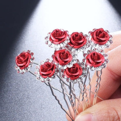 Romantic Red Rose Bridal Hairpins-One set of 8