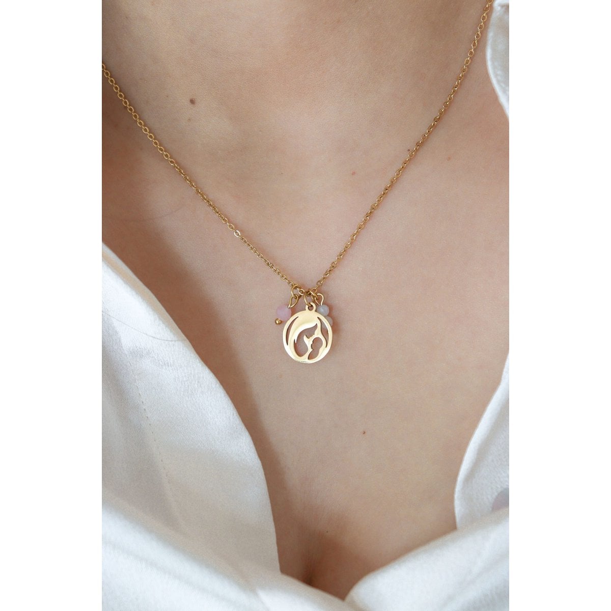 Mother & Baby Moonstone Rose Quartz Necklace - Gold