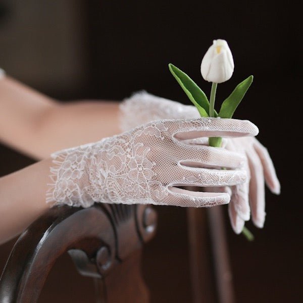 Delicate White Lace Net Bridal Gloves-For slim hands