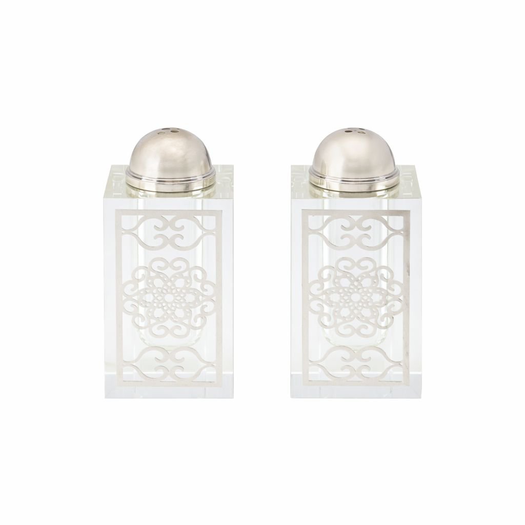 Silver arabesque crystal style salt and pepper shakers