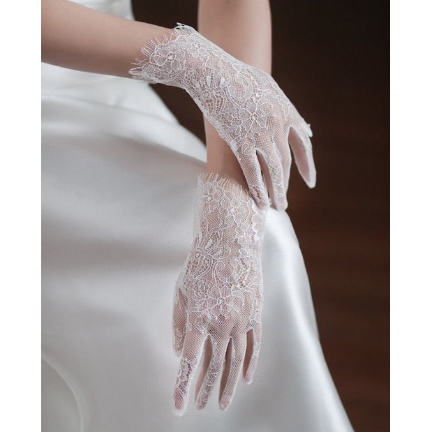 Delicate White Lace Net Bridal Gloves-For slim hands