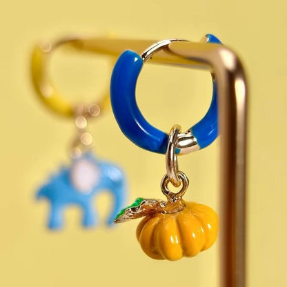 Enchanted Elephant & Pumpkin Enamel Hoop Earrings