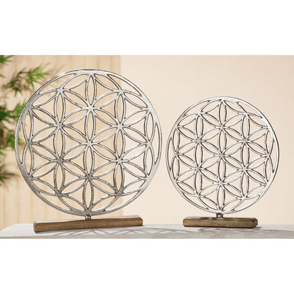 Aluminum flower of life on a wooden base