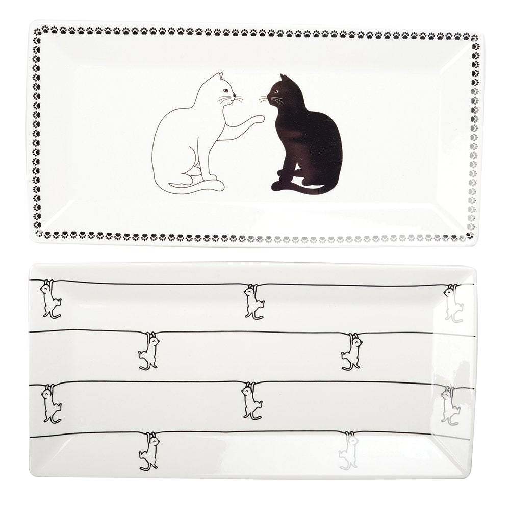 BLACK AND WHITE TRAYS WITH CAT DESIGN - SET OF 2